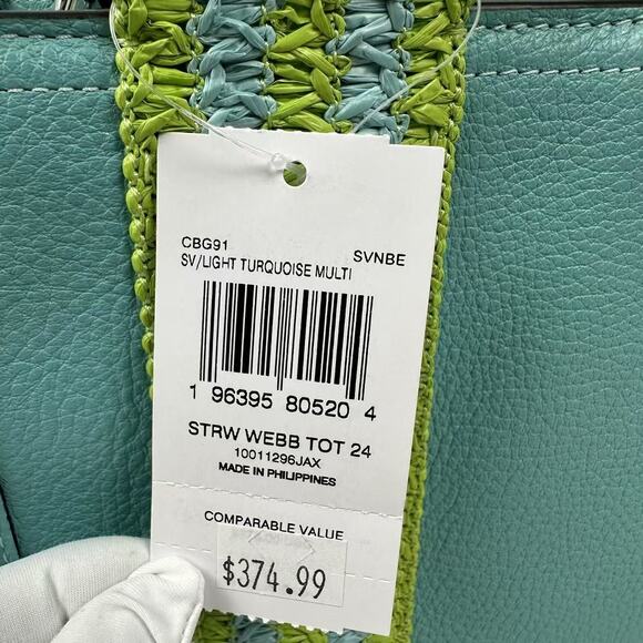 Coach Smith Tote 24 Crossbody In Leather/ Straw Webbing Light Turquoise CBG91 - Picture 5 of 11